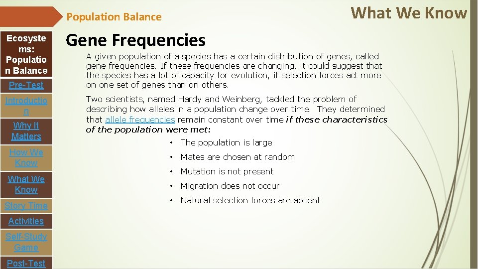 What We Know Population Balance Ecosyste ms: Populatio n Balance Pre-Test Introductio n Why
