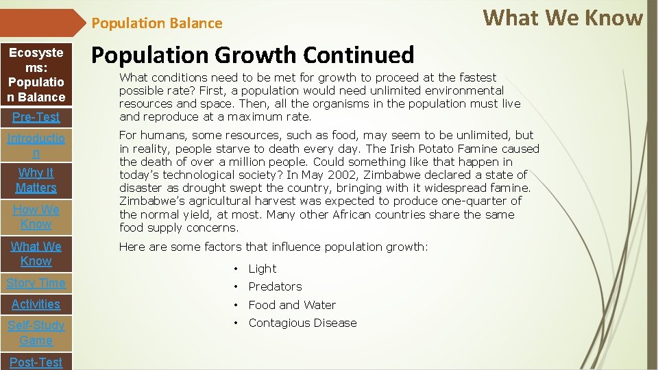What We Know Population Balance Ecosyste ms: Populatio n Balance Pre-Test Introductio n Why