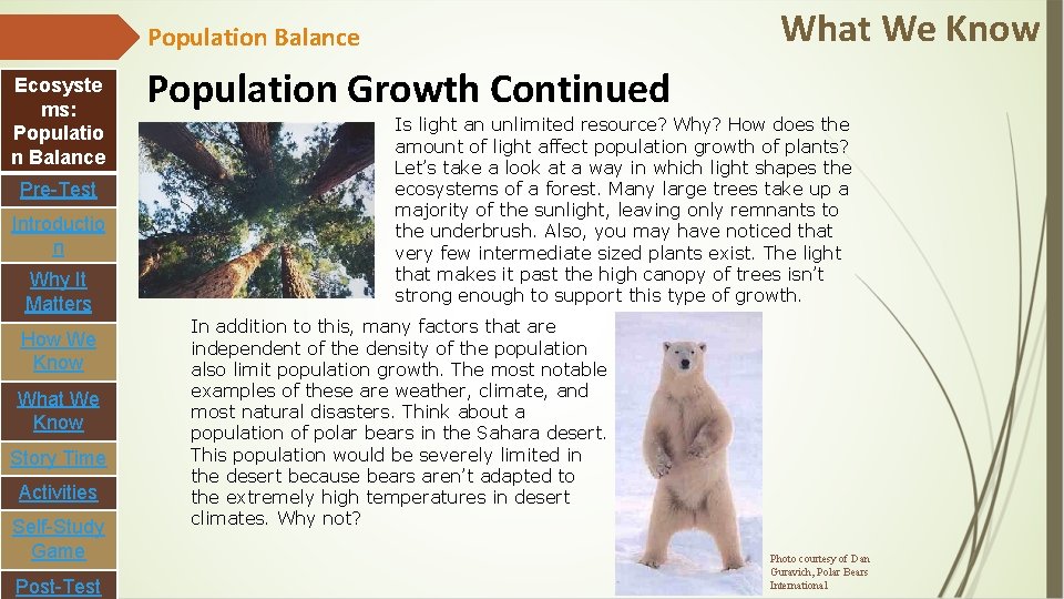 What We Know Population Balance Ecosyste ms: Populatio n Balance Pre-Test Introductio n Why
