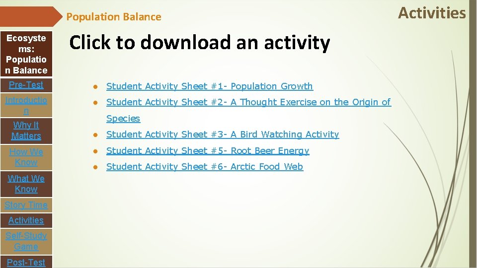 Population Balance Ecosyste ms: Populatio n Balance Pre-Test Introductio n Why It Matters How