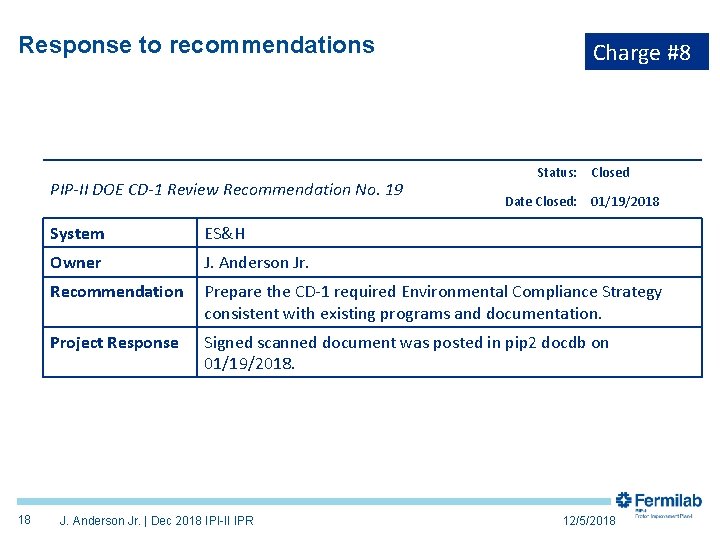 Response to recommendations PIP-II DOE CD-1 Review Recommendation No. 19 18 Charge #8 Status: