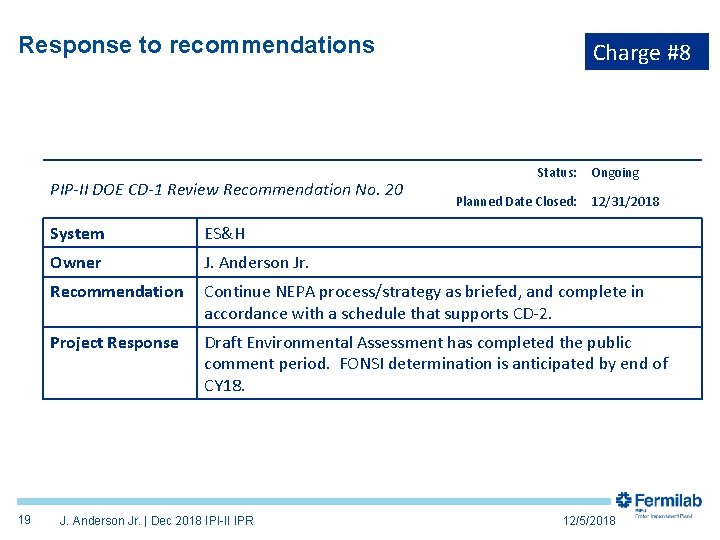 Response to recommendations PIP-II DOE CD-1 Review Recommendation No. 20 19 Charge #8 Status: