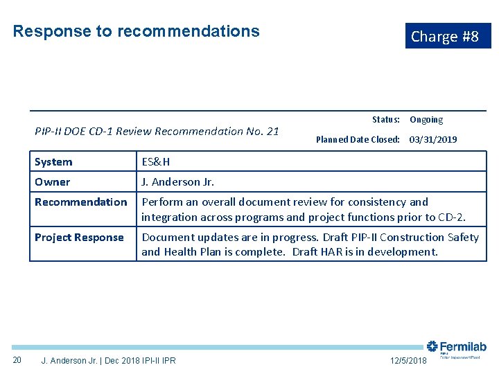 Response to recommendations PIP-II DOE CD-1 Review Recommendation No. 21 20 Charge #8 Status: