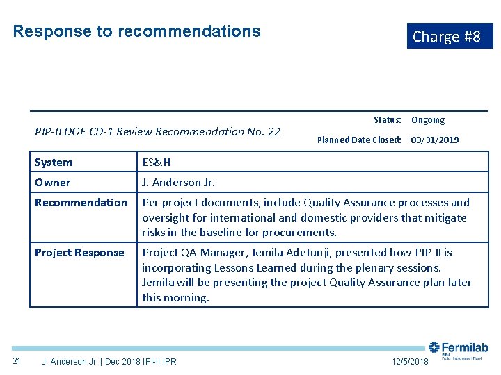 Response to recommendations PIP-II DOE CD-1 Review Recommendation No. 22 21 Charge #8 Status: