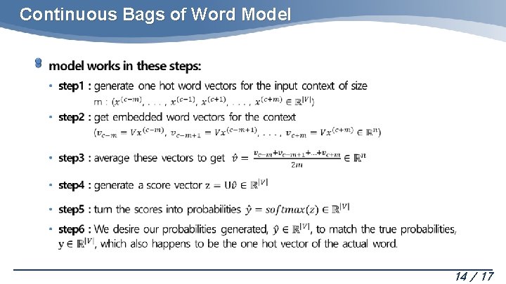 Continuous Bags of Word Model 14 / 17 