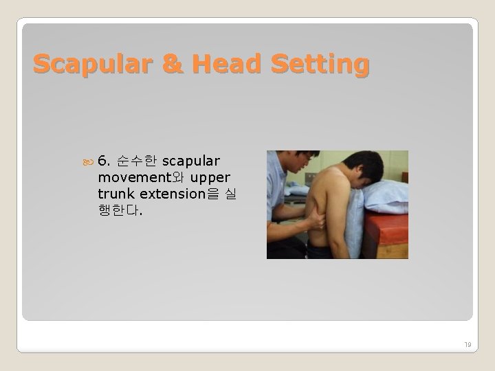 Scapular & Head Setting 6. 순수한 scapular movement와 upper trunk extension을 실 행한다. 19