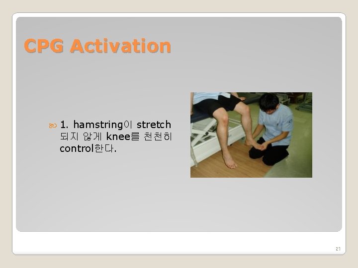 CPG Activation 1. hamstring이 stretch 되지 않게 knee를 천천히 control한다. 21 