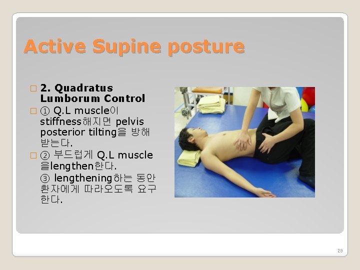 Active Supine posture � 2. Quadratus Lumborum Control � ① Q. L muscle이 stiffness해지면