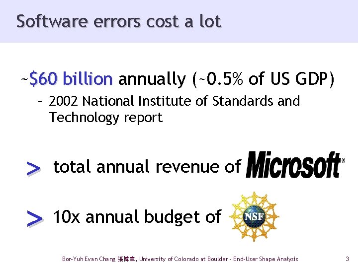 Software errors cost a lot ~$60 billion annually (~0. 5% of US GDP) –