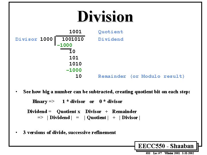 Division 1001 Divisor 1000 1001010 – 1000 10 • Quotient Dividend Remainder (or Modulo