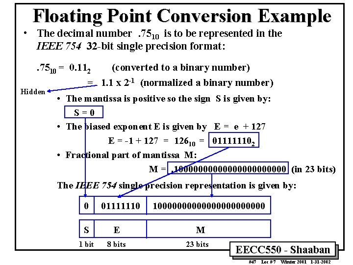 Floating Point Conversion Example • The decimal number. 7510 is to be represented in
