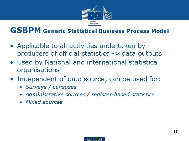 GSBPM Generic Statistical Business Process Model • Applicable to all activities undertaken by producers