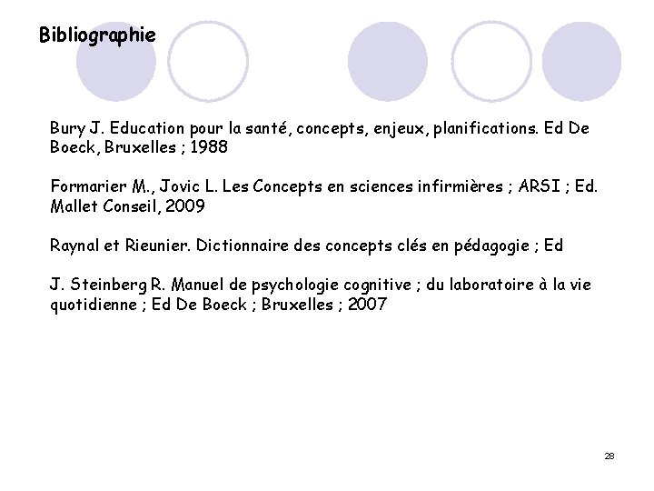 Bibliographie Bury J. Education pour la santé, concepts, enjeux, planifications. Ed De Boeck, Bruxelles