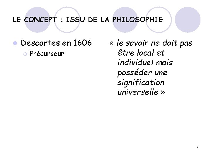 LE CONCEPT : ISSU DE LA PHILOSOPHIE l Descartes en 1606 ¡ Précurseur «