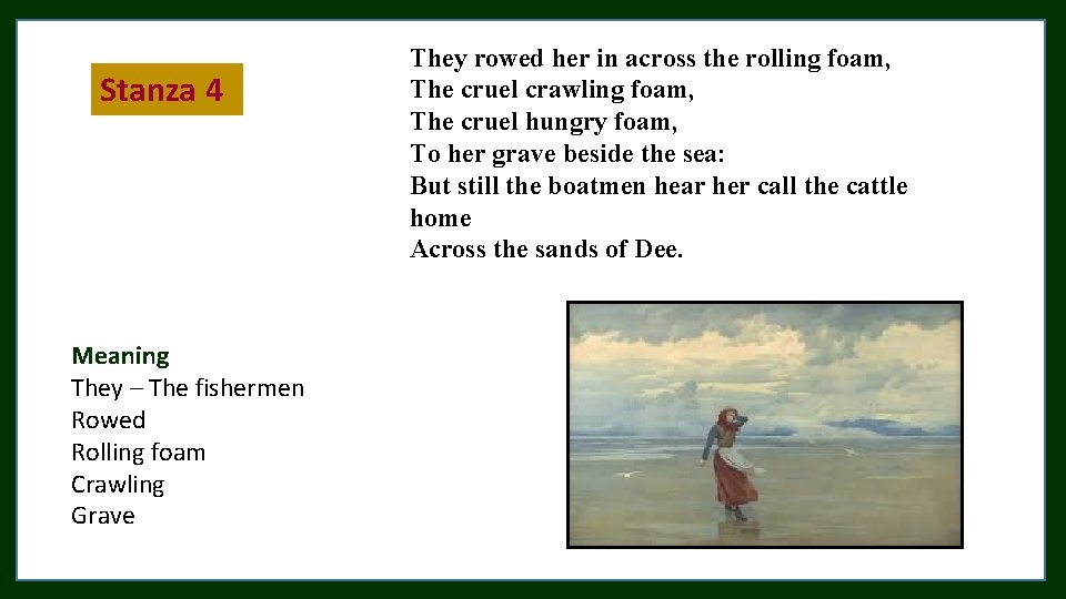 Stanza 4 Meaning They – The fishermen Rowed Rolling foam Crawling Grave They rowed