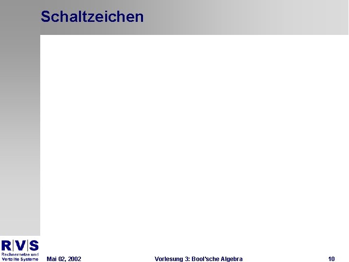 Schaltzeichen Mai 02, 2002 Vorlesung 3: Bool'sche Algebra 10 