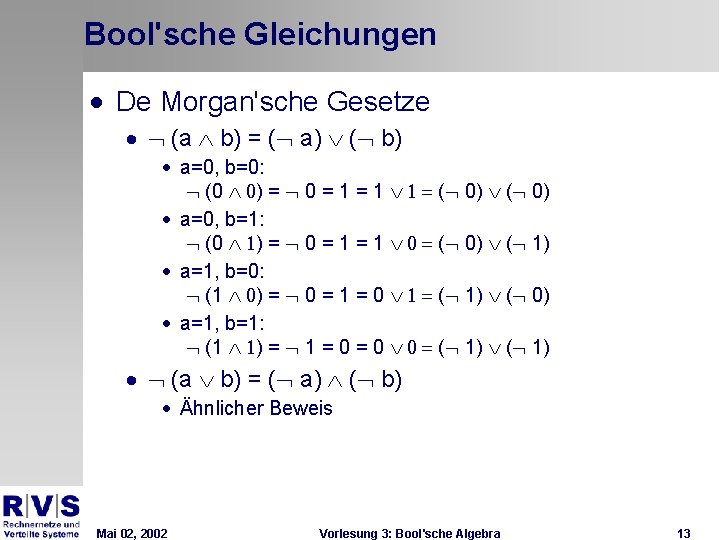 Bool'sche Gleichungen · De Morgan'sche Gesetze · Ø (a Ù b) = (Ø a)