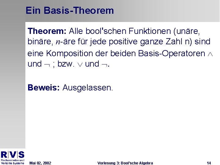 Ein Basis-Theorem: Alle bool'schen Funktionen (unäre, binäre, n-äre für jede positive ganze Zahl n)