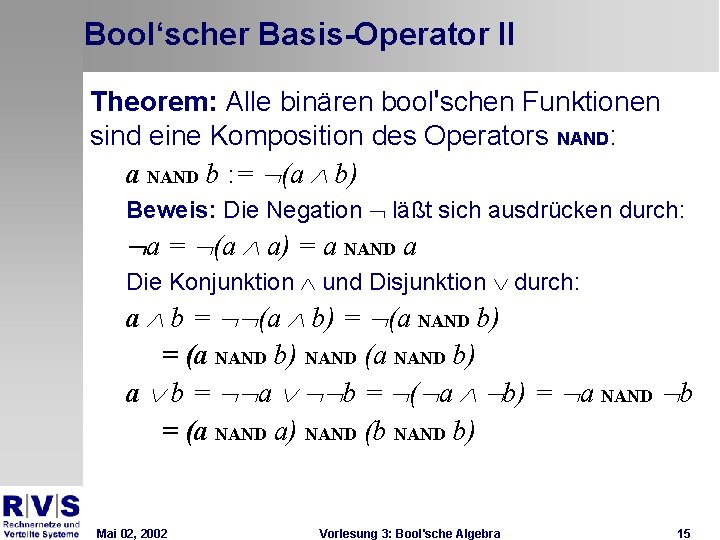 Bool‘scher Basis-Operator II Theorem: Alle binären bool'schen Funktionen sind eine Komposition des Operators NAND: