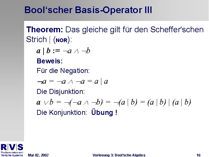 Bool‘scher Basis-Operator III Theorem: Das gleiche gilt für den Scheffer'schen Strich | (NOR): a