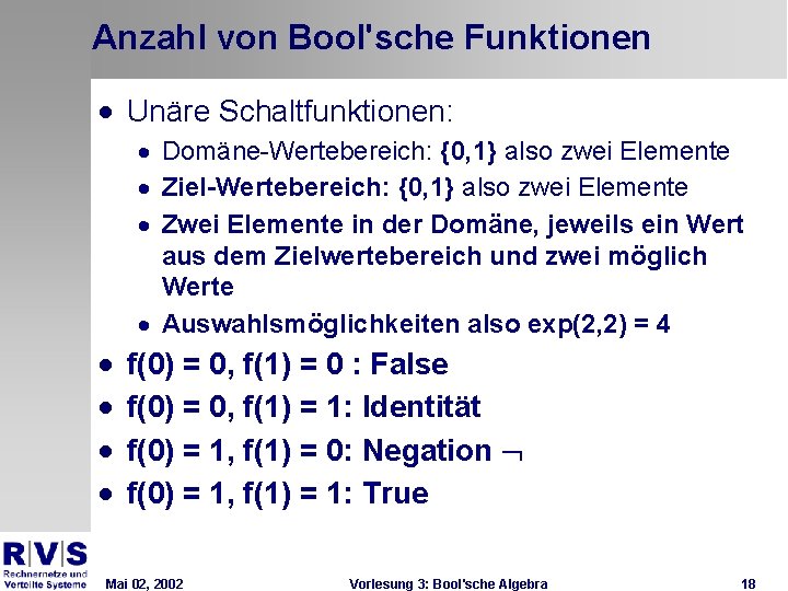 Anzahl von Bool'sche Funktionen · Unäre Schaltfunktionen: · Domäne-Wertebereich: {0, 1} also zwei Elemente