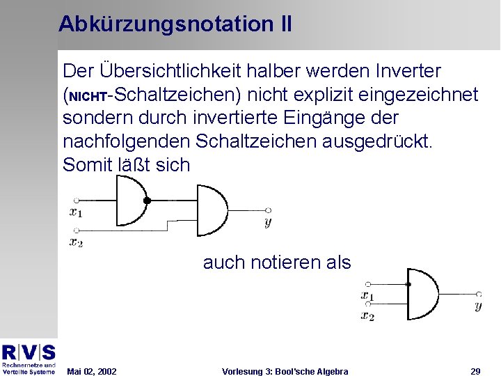 Abkürzungsnotation II Der Übersichtlichkeit halber werden Inverter (NICHT-Schaltzeichen) nicht explizit eingezeichnet sondern durch invertierte