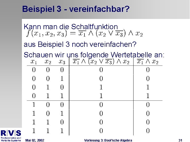 Beispiel 3 - vereinfachbar? Kann man die Schaltfunktion aus Beispiel 3 noch vereinfachen? Schauen