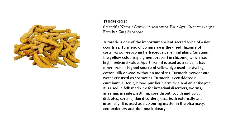 TURMERIC Scientific Name : Curcuma domestica Val : Syn. Curcuma longa Family : Zingiberaceae,