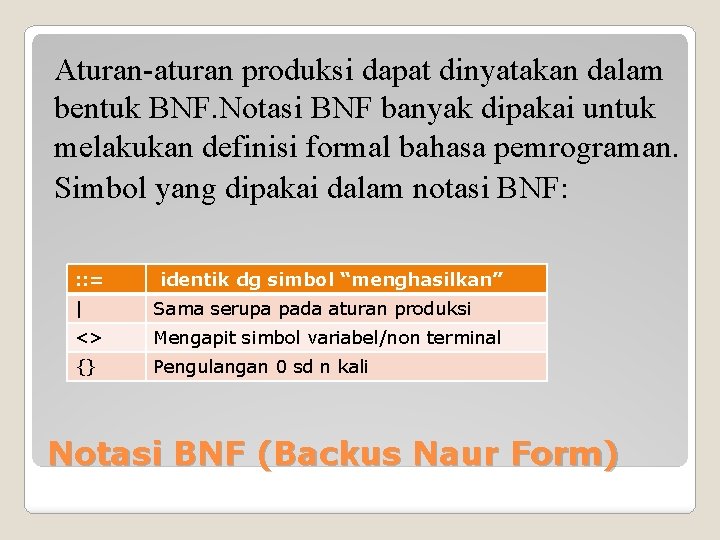 Aturan-aturan produksi dapat dinyatakan dalam bentuk BNF. Notasi BNF banyak dipakai untuk melakukan definisi