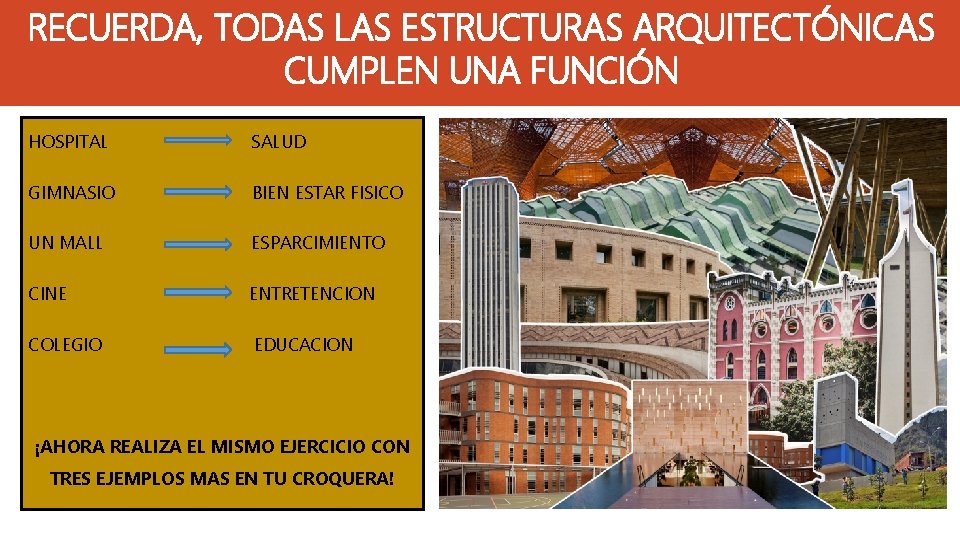 RECUERDA, TODAS LAS ESTRUCTURAS ARQUITECTÓNICAS CUMPLEN UNA FUNCIÓN HOSPITAL SALUD GIMNASIO BIEN ESTAR FISICO