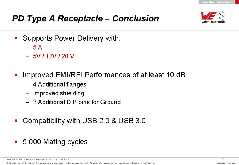 PD Type A Receptacle – Conclusion § Supports Power Delivery with: – 5 A
