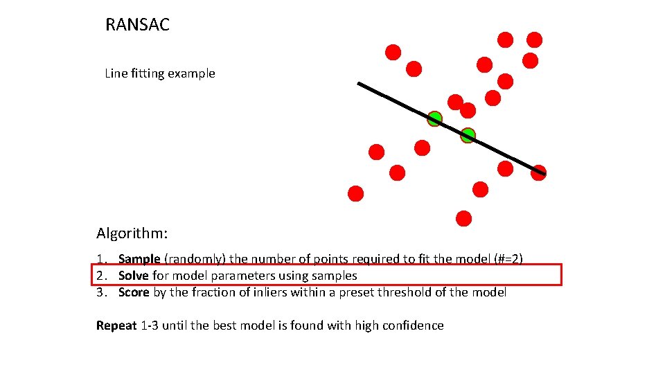 RANSAC Line fitting example Algorithm: 1. Sample (randomly) the number of points required to