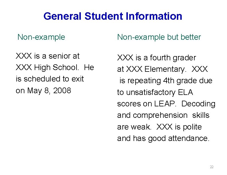General Student Information Non-example but better XXX is a senior at XXX High School.