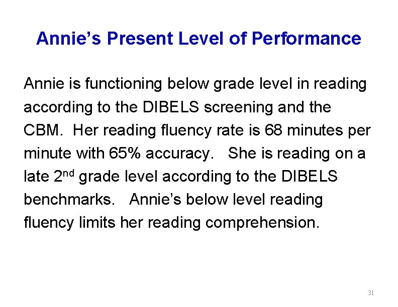 Annie’s Present Level of Performance Annie is functioning below grade level in reading according