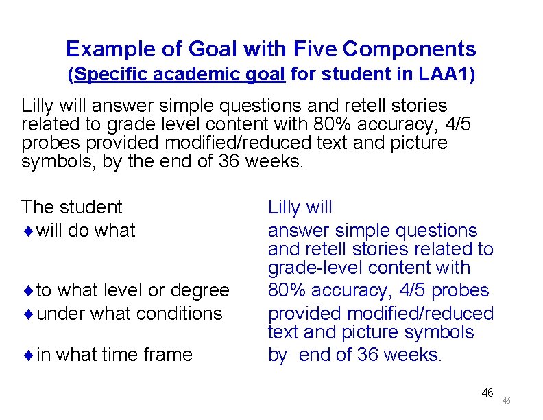 Example of Goal with Five Components (Specific academic goal for student in LAA 1)