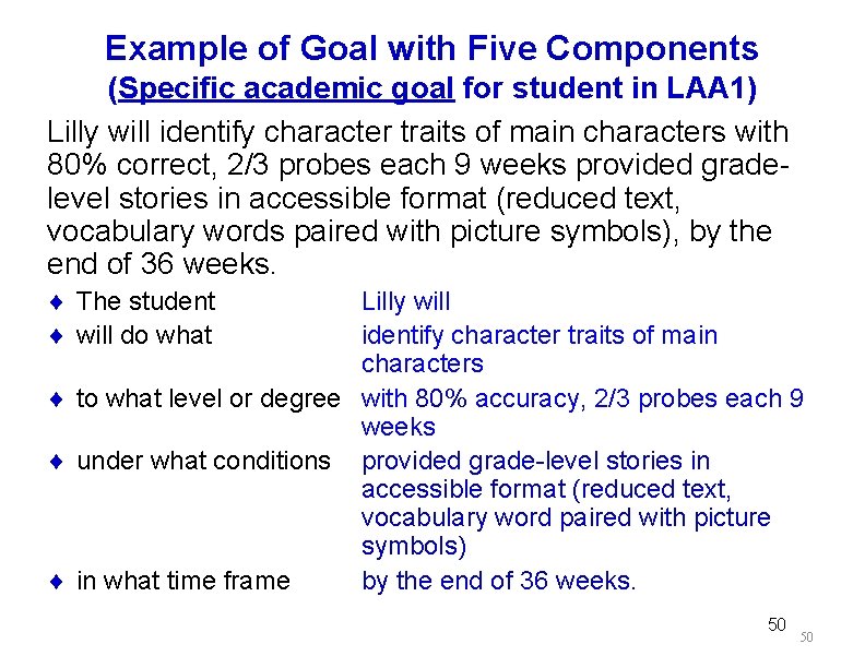 Example of Goal with Five Components (Specific academic goal for student in LAA 1)