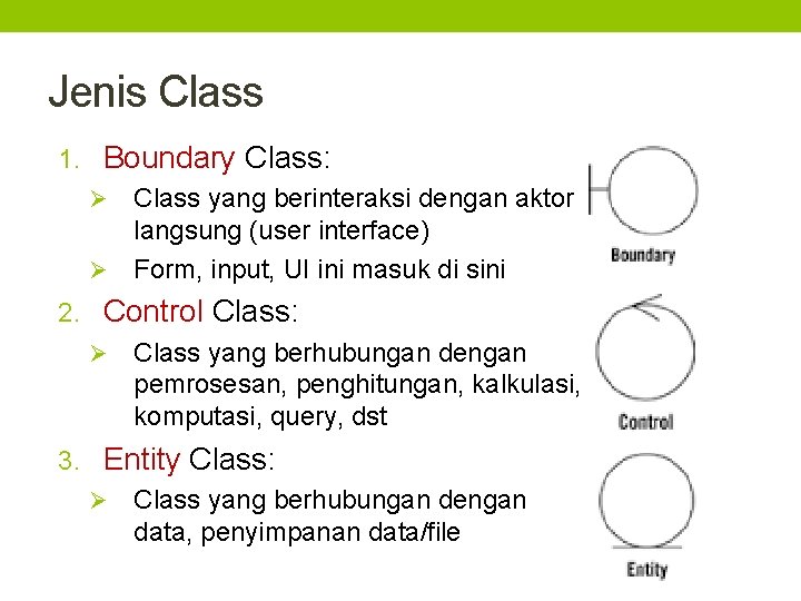 Jenis Class 1. Boundary Class: Ø Class yang berinteraksi dengan aktor langsung (user interface)