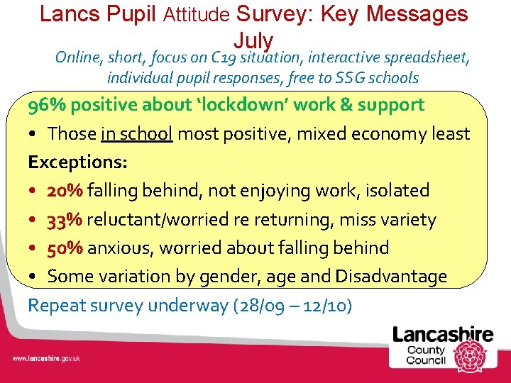 Lancs Pupil Attitude Survey: Key Messages July Online, short, focus on C 19 situation,