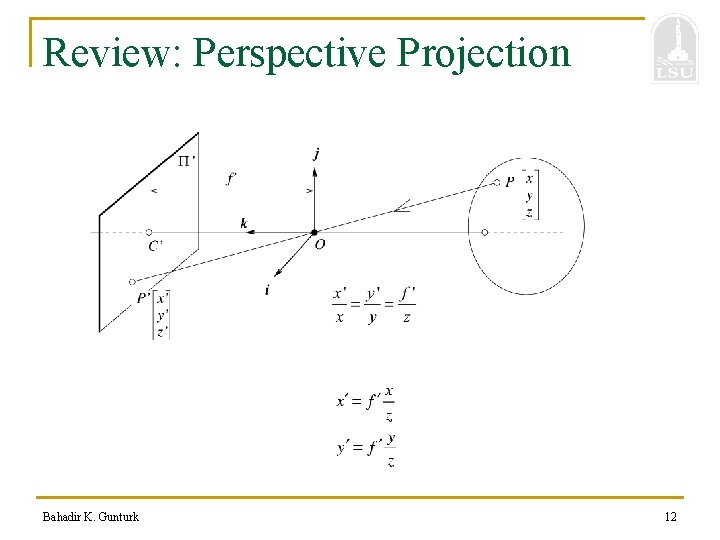 Review: Perspective Projection Bahadir K. Gunturk 12 
