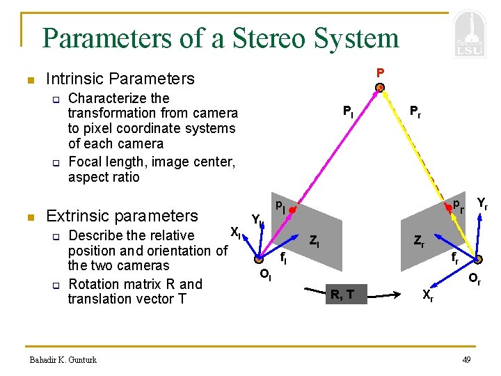 Parameters of a Stereo System n q q n P Intrinsic Parameters Characterize the
