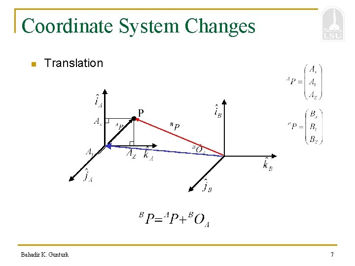 Coordinate System Changes n Translation Bahadir K. Gunturk 7 
