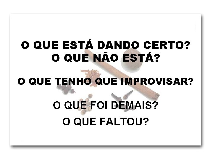 O QUE ESTÁ DANDO CERTO? O QUE NÃO ESTÁ? O QUE TENHO QUE IMPROVISAR?