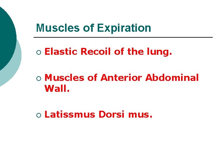 Muscles of Expiration ¡ ¡ ¡ Elastic Recoil of the lung. Muscles of Anterior