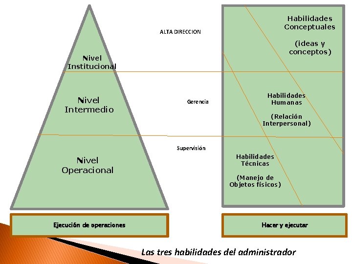 Habilidades Conceptuales ALTA DIRECCION (ideas y conceptos) Nivel Institucional Nivel Intermedio Gerencia Habilidades Humanas