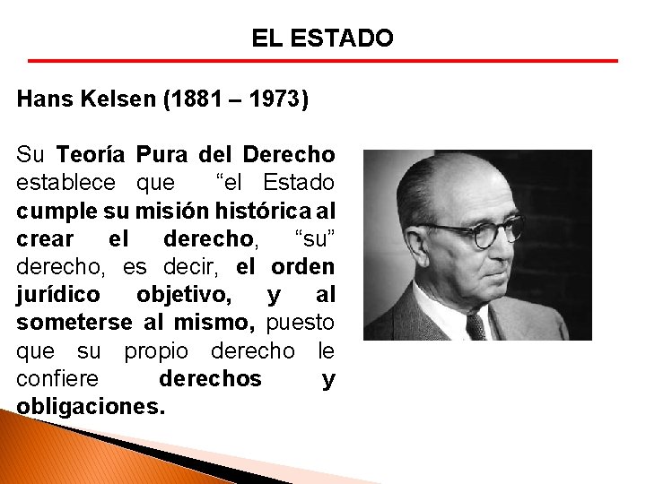 EL ESTADO Hans Kelsen (1881 – 1973) Su Teoría Pura del Derecho establece que