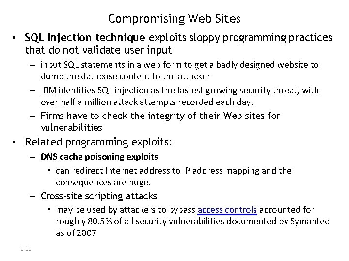 Compromising Web Sites • SQL injection technique exploits sloppy programming practices that do not