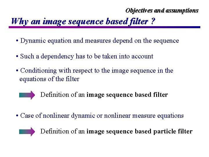 Objectives and assumptions Why an image sequence based filter ? • Dynamic equation and