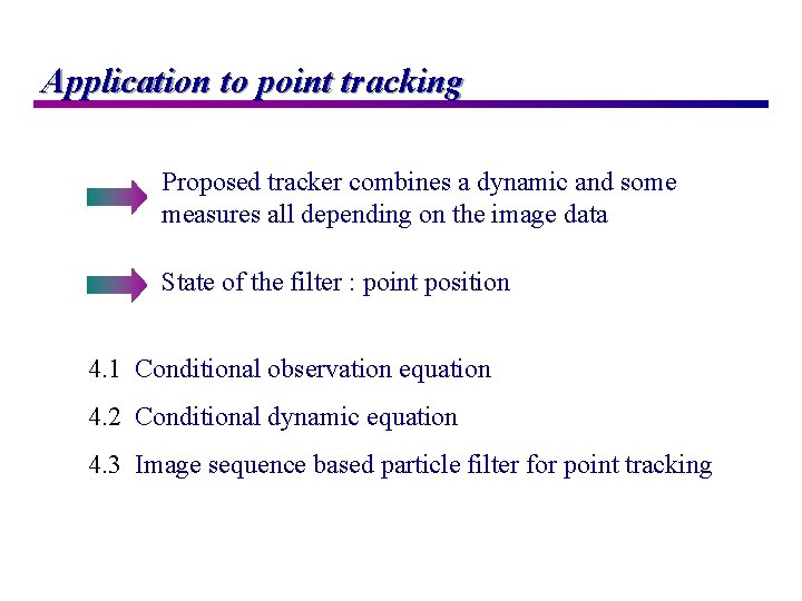 Application to point tracking Proposed tracker combines a dynamic and some measures all depending