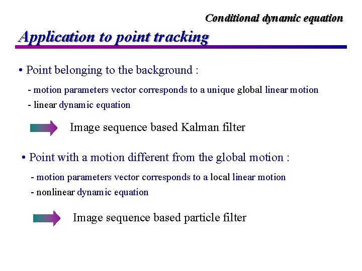 Conditional dynamic equation Application to point tracking • Point belonging to the background :