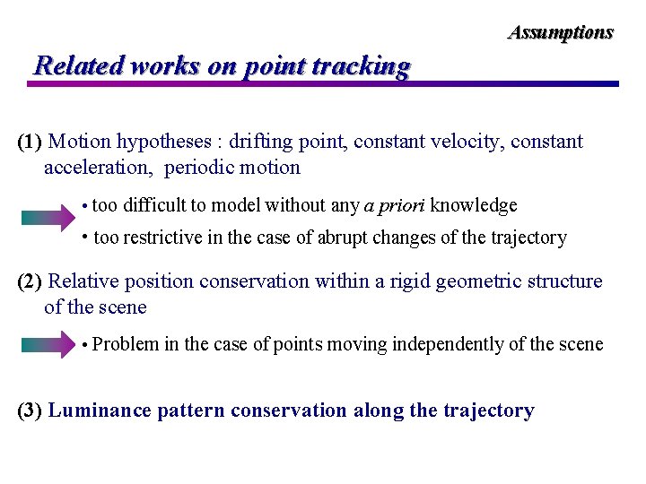 Assumptions Related works on point tracking (1) Motion hypotheses : drifting point, constant velocity,